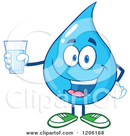 Cartoon of a Happy Blue Water Drop Holding a Glass of Water - Royalty Free Vector Clipart by Hit Toon