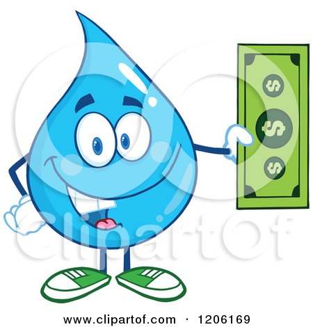 Cartoon of a Happy Blue Water Drop Holding a Dollar Bill - Royalty Free Vector Clipart by Hit Toon