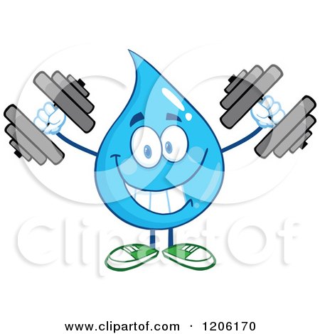 Cartoon of a Happy Blue Water Drop Lifting Dumbbell Weights - Royalty Free Vector Clipart by Hit Toon