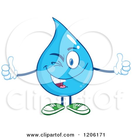 Cartoon of a Happy Blue Water Drop Winking and Holding Two Thumbs up - Royalty Free Vector Clipart by Hit Toon