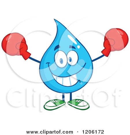Cartoon of a Happy Blue Water Drop Cheering in Boxing Gloves - Royalty Free Vector Clipart by Hit Toon