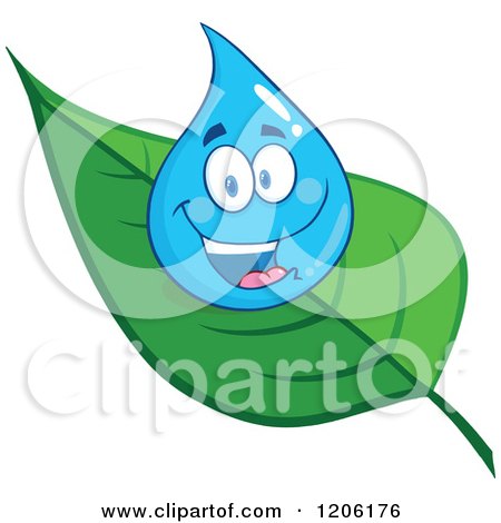 Cartoon of a Happy Blue Water Drop on a Leaf - Royalty Free Vector Clipart by Hit Toon
