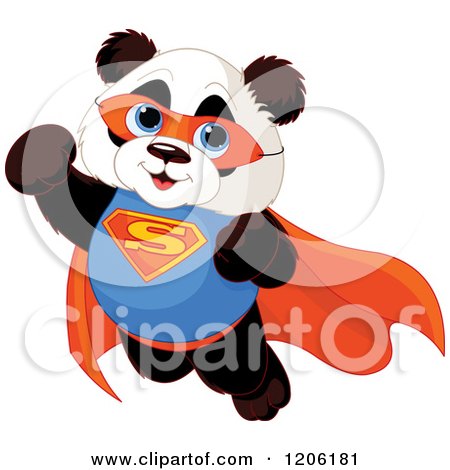 Cartoon of a Cute Flying Baby Super Panda to the Rescue - Royalty Free Vector Clipart by Pushkin