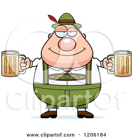 Cartoon of a Happy Chubby Oktoberfest German Man Holding Two Beers - Royalty Free Vector Clipart by Cory Thoman