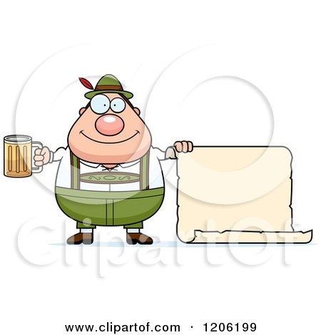 Cartoon of a Happy Chubby Oktoberfest German Man Holding a Beer and Sign - Royalty Free Vector Clipart by Cory Thoman