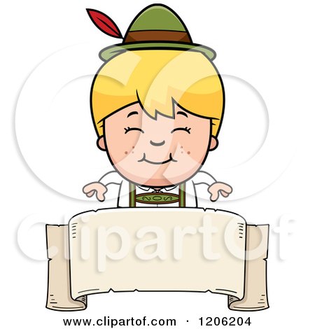 Cartoon of a Happy Blond Oktoberfest German Boy over a Banner - Royalty Free Vector Clipart by Cory Thoman