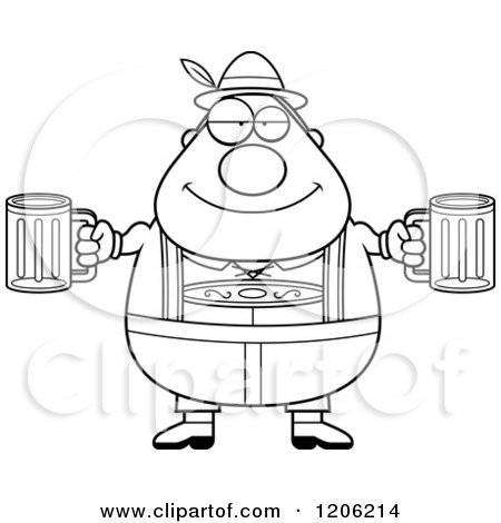 Cartoon of a Black and White Happy Chubby Oktoberfest German Man Holding Two Beers - Royalty Free Vector Clipart by Cory Thoman