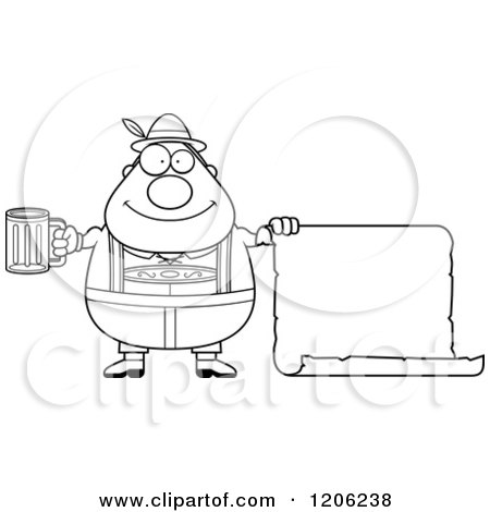 Cartoon of a Black and White Happy Chubby Oktoberfest German Man Holding a Beer and Sign - Royalty Free Vector Clipart by Cory Thoman