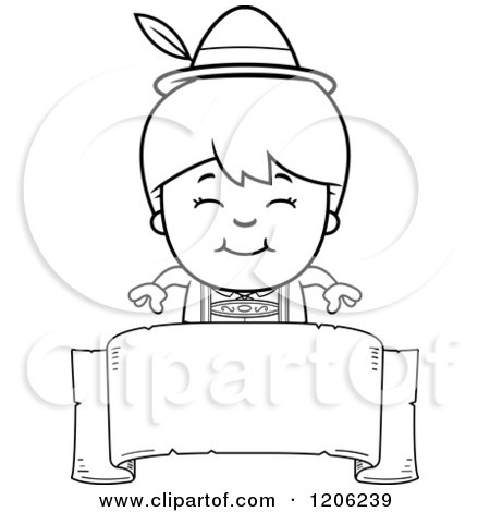 Cartoon of a Black and White Happy Oktoberfest German Boy over a Banner - Royalty Free Vector Clipart by Cory Thoman