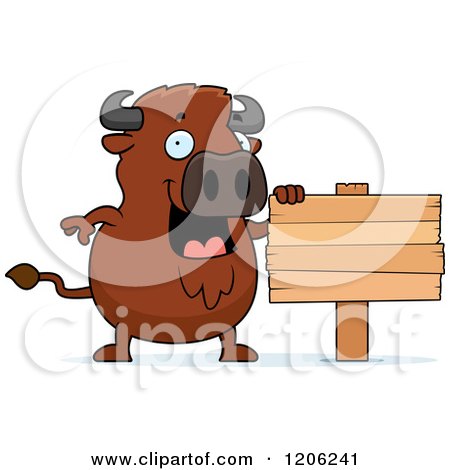 Cartoon of a Chubby Buffalo with a Wood Sign - Royalty Free Vector Clipart by Cory Thoman