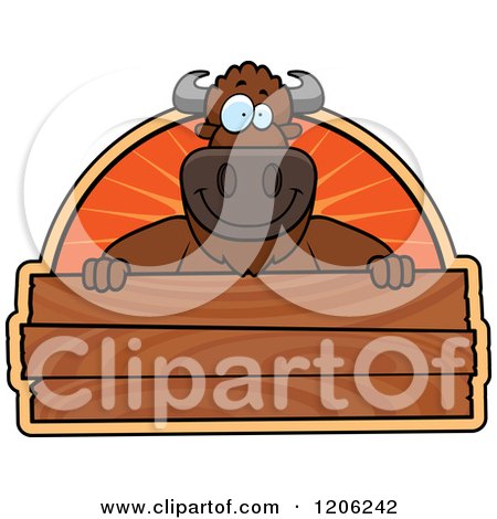 Cartoon of a Happy Buffalo over a Wooden Sign - Royalty Free Vector Clipart by Cory Thoman
