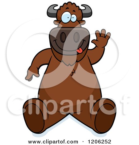 Cartoon of a Buffalo Sitting and Waving - Royalty Free Vector Clipart by Cory Thoman