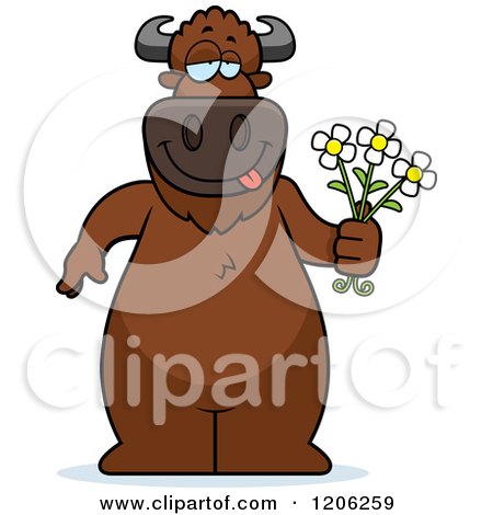 Cartoon of a Romantic Buffalo Holding Flowers - Royalty Free Vector Clipart by Cory Thoman