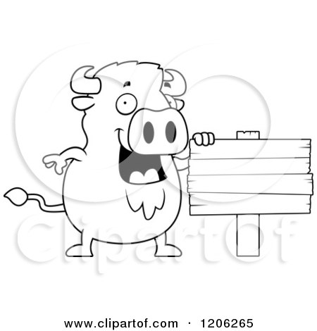 Cartoon of a Black And White Chubby Buffalo with a Wood Sign - Royalty Free Vector Clipart by Cory Thoman