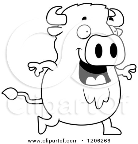 Cartoon of a Black And White Chubby Buffalo Walking - Royalty Free Vector Clipart by Cory Thoman