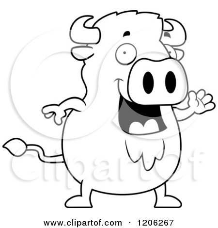 Cartoon of a Black And White Chubby Buffalo Waving - Royalty Free Vector Clipart by Cory Thoman