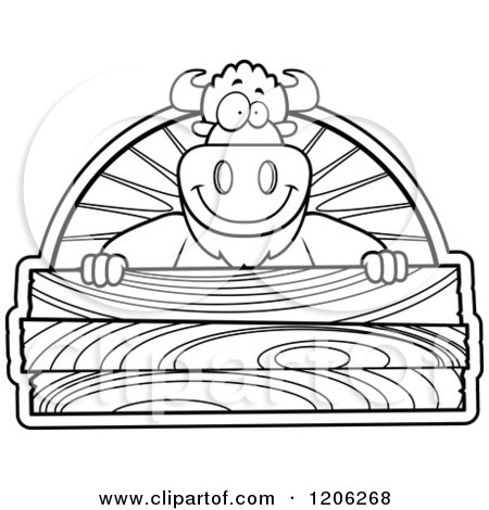 Cartoon of a Black And White Happy Buffalo over a Wooden Sign - Royalty Free Vector Clipart by Cory Thoman