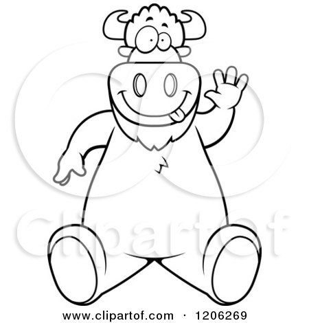 Cartoon of a Black And White Buffalo Sitting and Waving - Royalty Free Vector Clipart by Cory Thoman