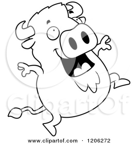 Cartoon of a Black And White Chubby Buffalo Jumping - Royalty Free Vector Clipart by Cory Thoman