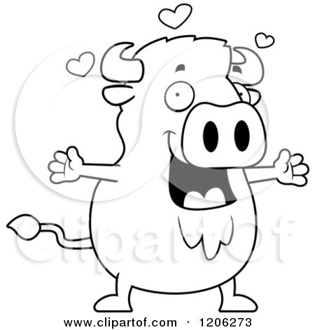 Cartoon of a Black And White Chubby Buffalo Wanting a Hug - Royalty Free Vector Clipart by Cory Thoman
