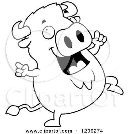 Cartoon of a Black And White Chubby Buffalo Doing a Happy Dance - Royalty Free Vector Clipart by Cory Thoman