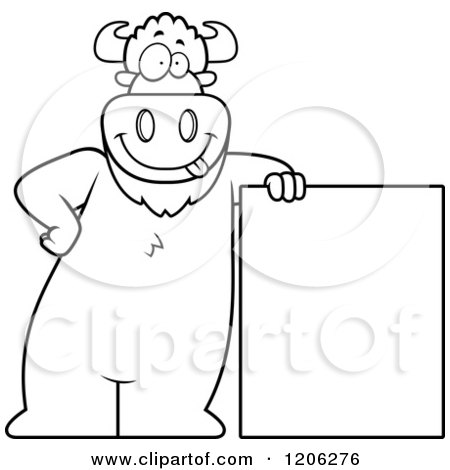 Cartoon of a Black And White Buffalo Leaning on a Sign Board - Royalty Free Vector Clipart by Cory Thoman
