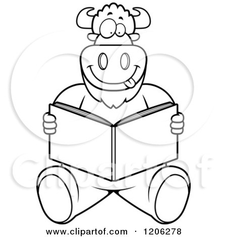 Cartoon of a Black And White Buffalo Reading a Book - Royalty Free Vector Clipart by Cory Thoman