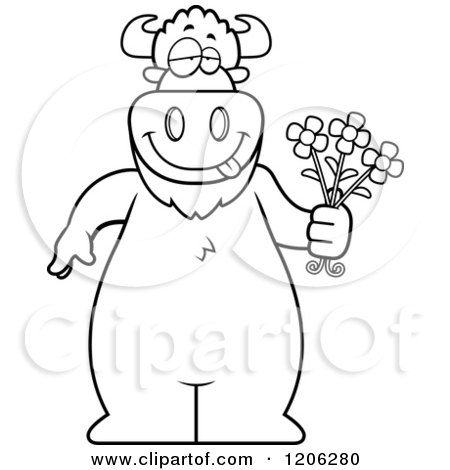 Cartoon of a Black And White Romantic Buffalo Holding Flowers - Royalty Free Vector Clipart by Cory Thoman