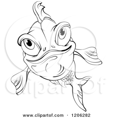 Cartoon of a Black and White Happy Fish - Royalty Free Vector Clipart by merlinul