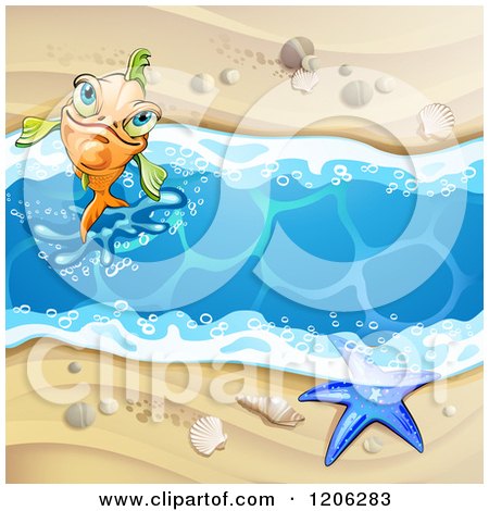 Cartoon of a Happy Orange Fish Jumping from a Beach Stream with a Starfish Sand and Shells - Royalty Free Vector Clipart by merlinul