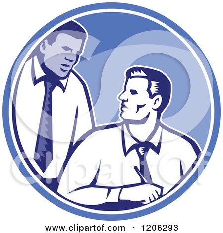 Clipart of Retro Woodcut Businessmen Talking in a Blue Circle - Royalty Free Vector Illustration by patrimonio