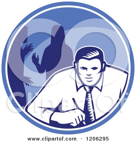 Clipart of a Retro Woodcut Businessman and Colleagues in a Blue Circle - Royalty Free Vector Illustration by patrimonio