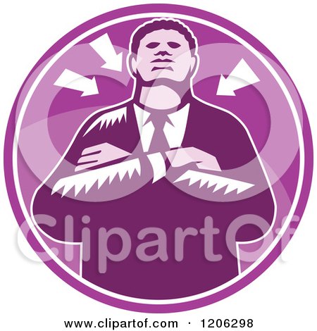 Clipart of a Retro Woodcut Black Businessman with Folded Arms and Arrows in a Purple Circle - Royalty Free Vector Illustration by patrimonio