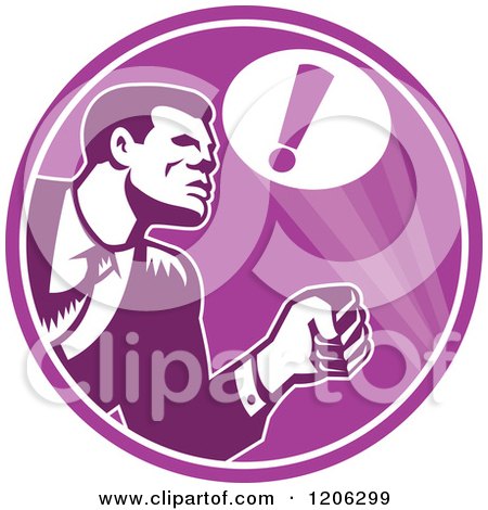 Clipart of a Retro Woodcut Businessman Responding to an Emergency in a Purple Circle - Royalty Free Vector Illustration by patrimonio
