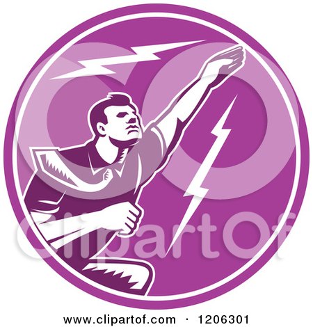 Clipart of a Retro Woodcut Businessman Flying in a Lighting Circle of Purple - Royalty Free Vector Illustration by patrimonio