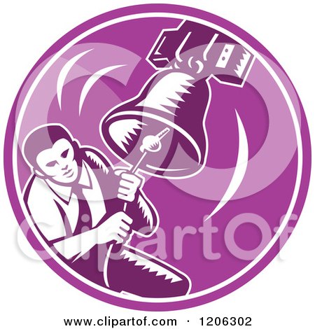 Clipart of a Retro Woodcut Businessman Ringing a Liberty Bell in a Purple Circle - Royalty Free Vector Illustration by patrimonio