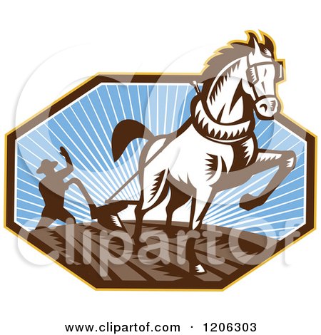Clipart of a Retro Woodcut Horse Pulling a Pow and a Farmer in an Octagon - Royalty Free Vector Illustration by patrimonio