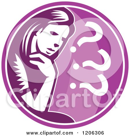 Clipart of a Retro Woodcut Woman Thinking and Worrying in a Purple Circle - Royalty Free Vector Illustration by patrimonio