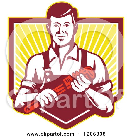 Clipart of a Retro Plumber Worker Man Holding a Monkey Wrench over a Ray Crest Shield - Royalty Free Vector Illustration by patrimonio