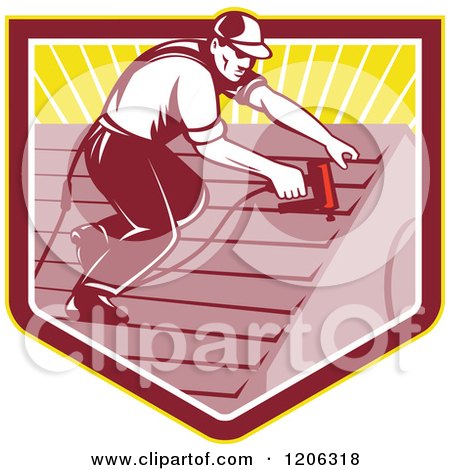 Clipart of a Retro Roofer Worker Man Using a Nail Gun over a Ray Crest Shield - Royalty Free Vector Illustration by patrimonio
