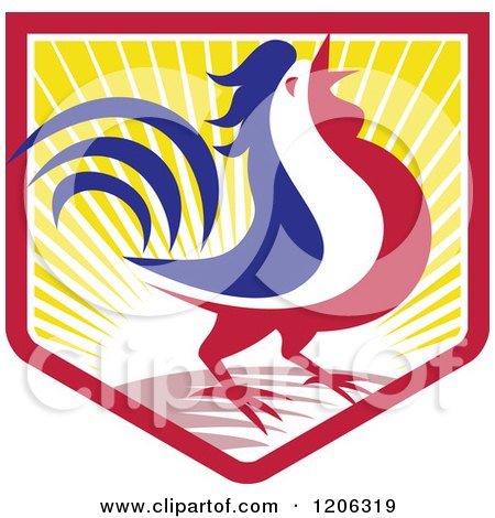 Clipart of a Blue White and Red Crowing Rooster in a Crest Shield of Sunshine - Royalty Free Vector Illustration by patrimonio