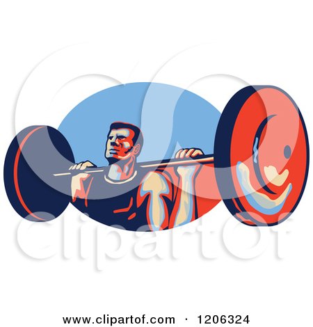 Clipart of a Retro Strong Bodybuilder Lifting a Barbell over a Red and Blue Oval - Royalty Free Vector Illustration by patrimonio