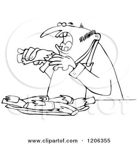 Cartoon of an Outlined Man Eating Bbq Ribs - Royalty Free Vector Clipart by djart