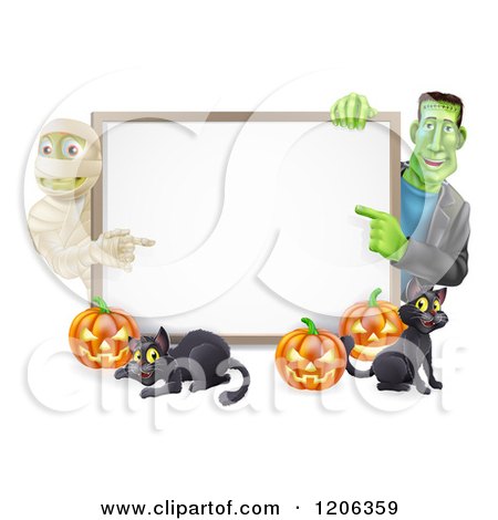 Cartoon of a Happy Frankenstein Frankenstein Pumpkins and Black Cat Around a Blank Sign - Royalty Free Vector Clipart by AtStockIllustration