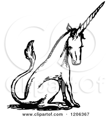 Clipart of a Vintage Black and White Sitting Unicorn - Royalty Free Vector Illustration by Prawny Vintage
