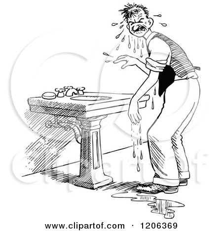 Clipart of a Vintage Black and White Wet Man at a Sink - Royalty Free Vector Illustration by Prawny Vintage