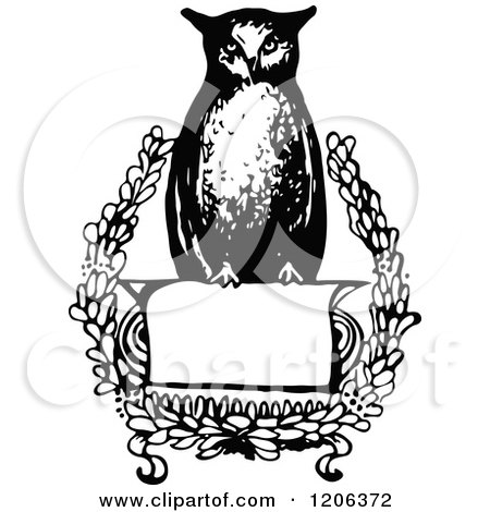Clipart of a Vintage Black and White Wise Owl Sign - Royalty Free Vector Illustration by Prawny Vintage