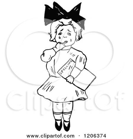 Clipart of a Vintage Black and White Crying Girl Holding a Spelling Paper - Royalty Free Vector Illustration by Prawny Vintage