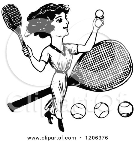 Clipart of a Vintage Black and White Lady Playing Tennis - Royalty Free Vector Illustration by Prawny Vintage