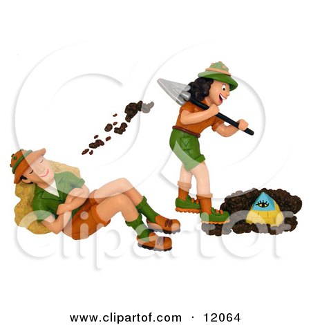 Clay Sculpture Clipart Female Archaeologist Digging Up A Pyramid And Tossing Dirt On Her Husband - Royalty Free 3d Illustration  by Amy Vangsgard